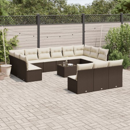 vidaXL 14-tlg. Garten-Sofagarnitur mit Kissen Braun Poly Rattan