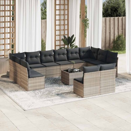 vidaXL 13-tlg. Garten-Sofagarnitur mit Kissen Hellgrau Poly Rattan