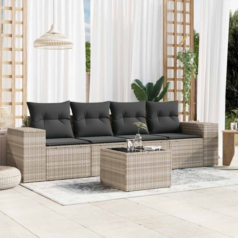 vidaXL 5-tlg. Garten-Sofagarnitur mit Kissen Hellgrau Poly Rattan vidaXL 5-tlg. Garten-Sofagarnitur mit Kissen Hellgrau Poly Rattan