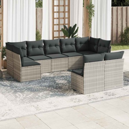 vidaXL 9-tlg. Garten-Sofagarnitur mit Kissen Hellgrau Poly Rattan