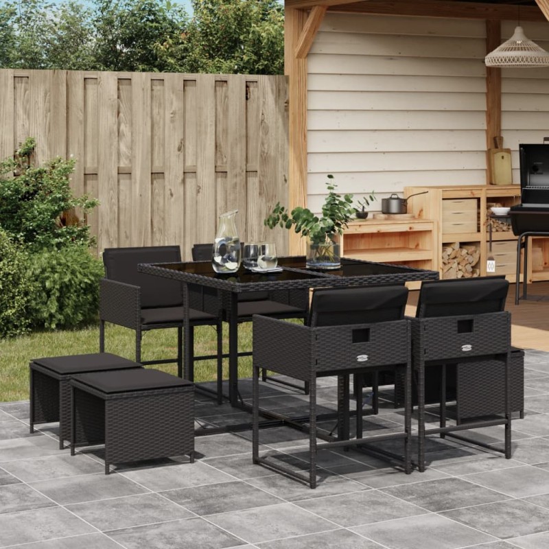 vidaXL 9-tlg. Garten-Essgruppe mit Kissen Schwarz Poly Rattan vidaXL 9-tlg. Garten-Essgruppe mit Kissen Schwarz Poly Rattan