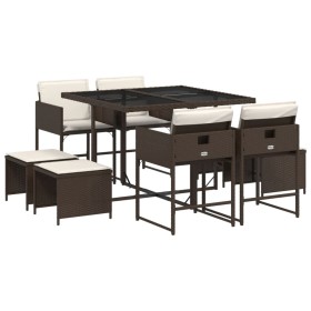 vidaXL 9-tlg. Garten-Essgruppe mit Kissen Braun Poly Rattan