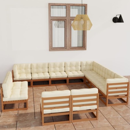 12-tlg. Garten-Lounge-Set Kissen Honigbraun Kiefer Massivholz