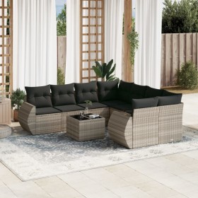 vidaXL 9-tlg. Garten-Sofagarnitur mit Kissen Hellgrau Poly Rattan
