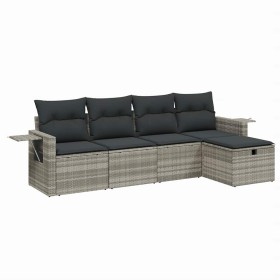 vidaXL 5-tlg. Garten-Sofagarnitur mit Kissen Hellgrau Poly Rattan