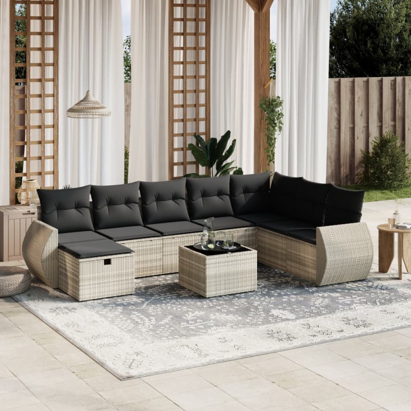 vidaXL 9-tlg. Garten-Sofagarnitur mit Kissen Hellgrau Poly Rattan vidaXL 9-tlg. Garten-Sofagarnitur mit Kissen Hellgrau Poly Rattan