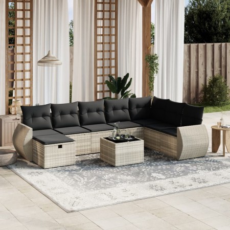 vidaXL 9-tlg. Garten-Sofagarnitur mit Kissen Hellgrau Poly Rattan