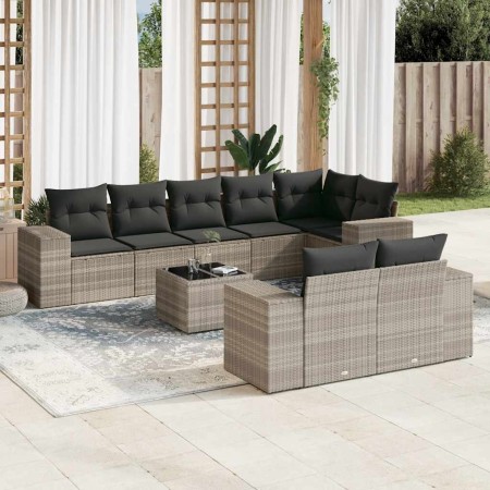 vidaXL 9-tlg. Garten-Sofagarnitur mit Kissen Hellgrau Poly Rattan