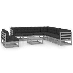 10-tlg. Garten-Lounge-Set mit Kissen Grau Kiefer Massivholz