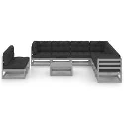 10-tlg. Garten-Lounge-Set mit Kissen Grau Kiefer Massivholz