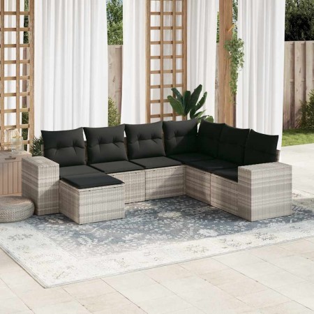 vidaXL 7-tlg. Garten-Sofagarnitur mit Kissen Hellgrau Poly Rattan