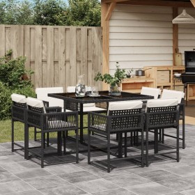 vidaXL 9-tlg. Garten-Essgruppe mit Kissen Schwarz Poly Rattan