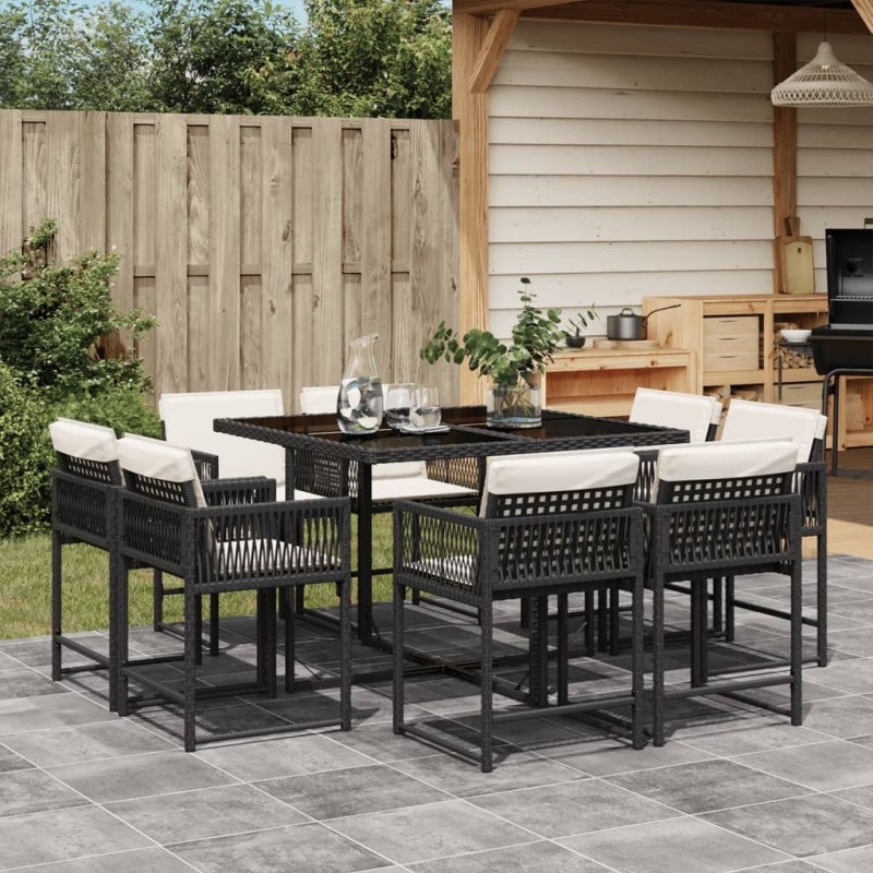 vidaXL 9-tlg. Garten-Essgruppe mit Kissen Schwarz Poly Rattan