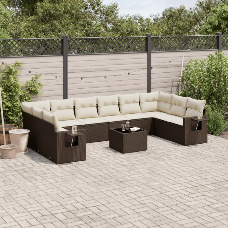vidaXL 11-tlg. Garten-Sofagarnitur mit Kissen Braun Poly Rattan