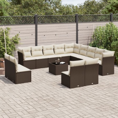 vidaXL 14-tlg. Garten-Sofagarnitur mit Kissen Braun Poly Rattan