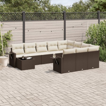 vidaXL 11-tlg. Garten-Sofagarnitur mit Kissen Braun Poly Rattan