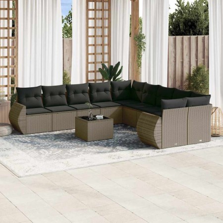 vidaXL 11-tlg. Garten-Sofagarnitur mit Kissen Hellgrau Poly Rattan