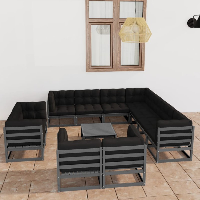 12-tlg. Garten-Lounge-Set mit Kissen Grau Kiefer Massivholz 12-tlg. Garten-Lounge-Set mit Kissen Grau Kiefer Massivholz