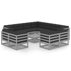 12-tlg. Garten-Lounge-Set mit Kissen Grau Kiefer Massivholz