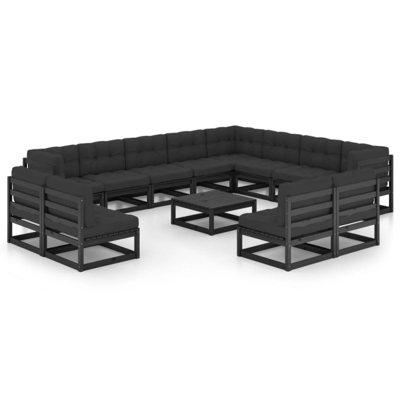14-tlg. Garten-Lounge-Set mit Kissen Schwarz Kiefer Massivholz 14-tlg. Garten-Lounge-Set mit Kissen Schwarz Kiefer Massivholz
