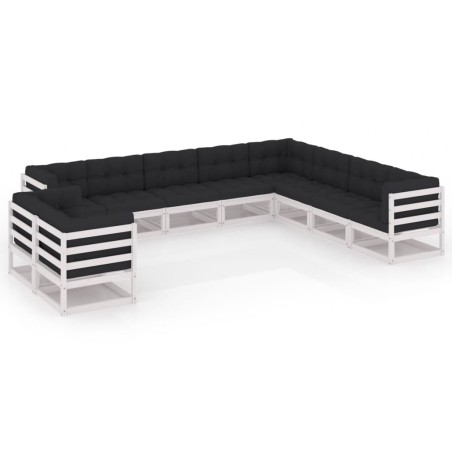 10-tlg. Garten-Lounge-Set mit Kissen Weiß Kiefer Massivholz