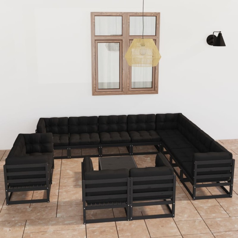 13-tlg. Garten-Lounge-Set mit Kissen Schwarz Kiefer Massivholz 13-tlg. Garten-Lounge-Set mit Kissen Schwarz Kiefer Massivholz