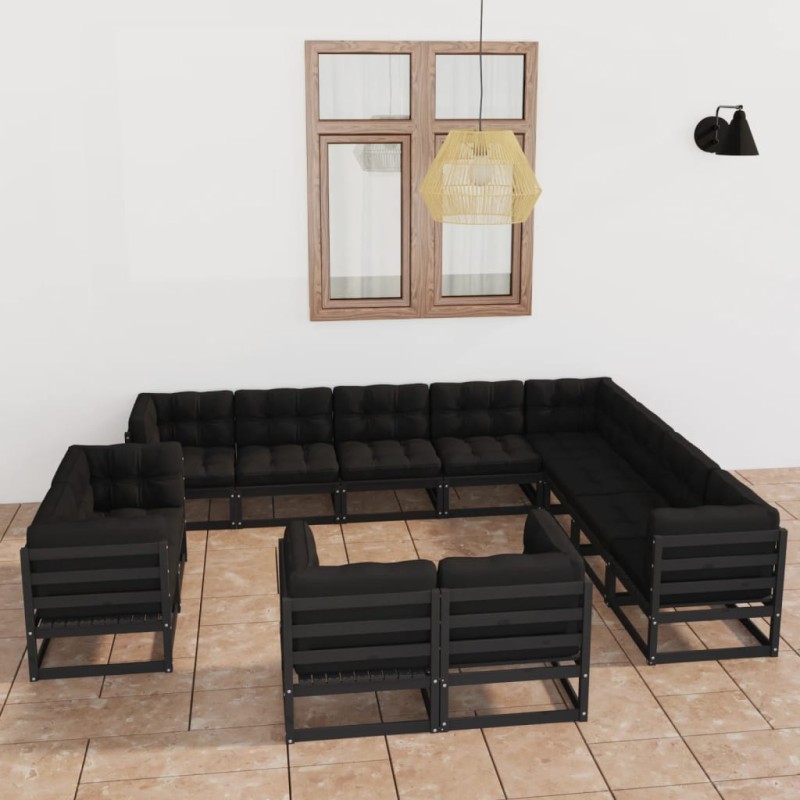 12-tlg. Garten-Lounge-Set mit Kissen Schwarz Kiefer Massivholz 12-tlg. Garten-Lounge-Set mit Kissen Schwarz Kiefer Massivholz