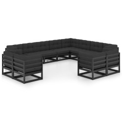 12-tlg. Garten-Lounge-Set mit Kissen Schwarz Kiefer Massivholz