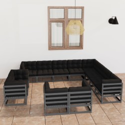 12-tlg. Garten-Lounge-Set mit Kissen Grau Kiefer Massivholz