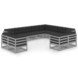 12-tlg. Garten-Lounge-Set mit Kissen Grau Kiefer Massivholz