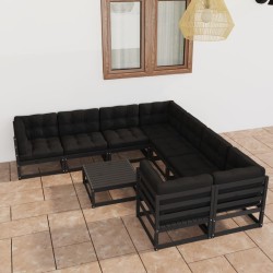 9-tlg. Garten-Lounge-Set mit Kissen Schwarz Massivholz Kiefer