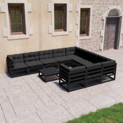 11-tlg. Garten-Lounge-Set mit Kissen Schwarz Massivholz Kiefer