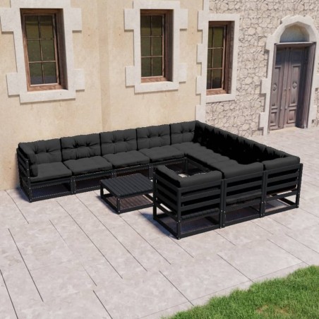 11-tlg. Garten-Lounge-Set mit Kissen Schwarz Massivholz Kiefer