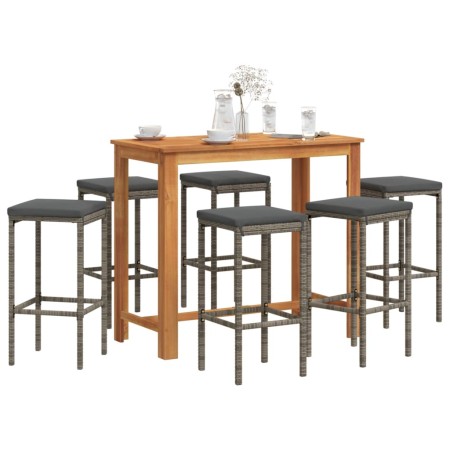 vidaXL 7-tlg. Gartenbar-Set Grau Massivholz Akazie und Poly Rattan
