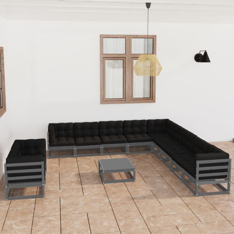 12-tlg. Garten-Lounge-Set mit Kissen Grau Kiefer Massivholz 12-tlg. Garten-Lounge-Set mit Kissen Grau Kiefer Massivholz