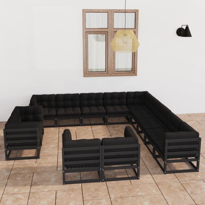 13-tlg. Garten-Lounge-Set mit Kissen Schwarz Massivholz Kiefer 13-tlg. Garten-Lounge-Set mit Kissen Schwarz Massivholz Kiefer