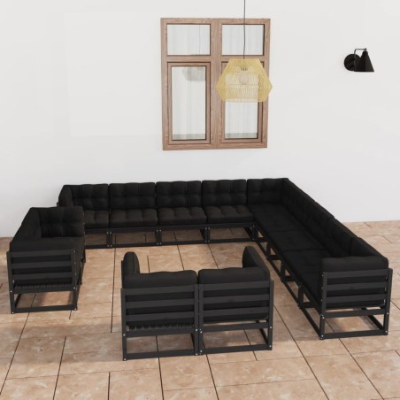 13-tlg. Garten-Lounge-Set mit Kissen Schwarz Massivholz Kiefer