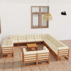 14-tlg. Garten-Lounge-Set Kissen Honigbraun Kiefer Massivholz