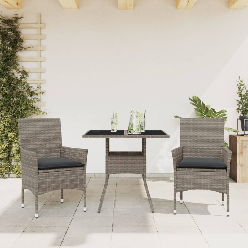 vidaXL 3-tlg. Garten-Essgruppe mit Kissen Grau Poly Rattan und Glas vidaXL 3-tlg. Garten-Essgruppe mit Kissen Grau Poly Rattan und Glas