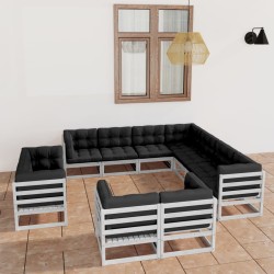 vidaXL 11-tlg. Garten-Lounge-Set mit Kissen Weiß Kiefer Massivholz