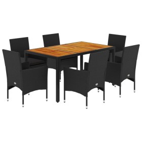 vidaXL 7-tlg. Garten-Essgruppe mit Kissen Schwarz Poly Rattan Akazie