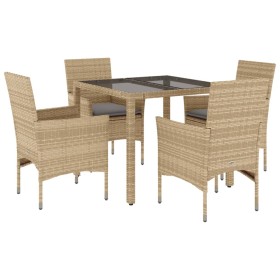 vidaXL 5-tlg. Garten-Essgruppe mit Kissen Beige Poly Rattan und Glas