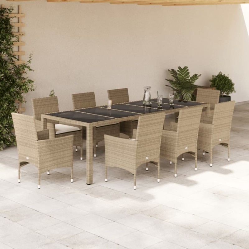 vidaXL 9-tlg. Garten-Essgruppe mit Kissen Beige Poly Rattan Glas vidaXL 9-tlg. Garten-Essgruppe mit Kissen Beige Poly Rattan Glas