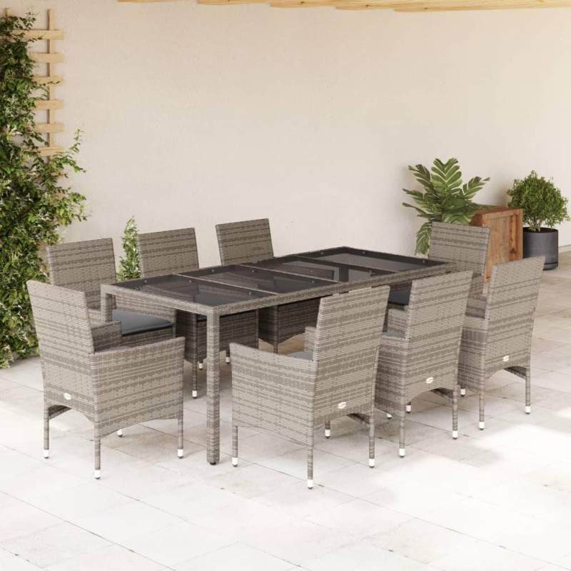 vidaXL 9-tlg. Garten-Essgruppe mit Kissen Grau Poly Rattan und Glas vidaXL 9-tlg. Garten-Essgruppe mit Kissen Grau Poly Rattan und Glas