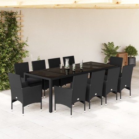 vidaXL 11-tlg. Garten-Essgruppe mit Kissen Schwarz Poly Rattan Glas