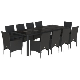 vidaXL 11-tlg. Garten-Essgruppe mit Kissen Schwarz Poly Rattan Glas
