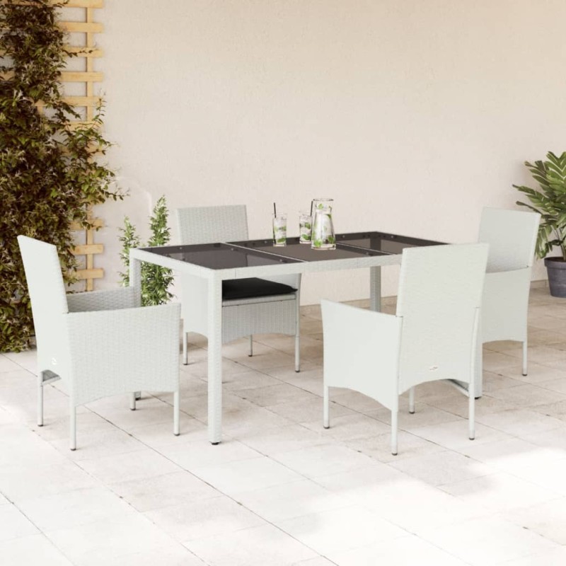 vidaXL 5-tlg. Garten-Essgruppe mit Kissen Weiß Poly Rattan und Glas vidaXL 5-tlg. Garten-Essgruppe mit Kissen Weiß Poly Rattan und Glas