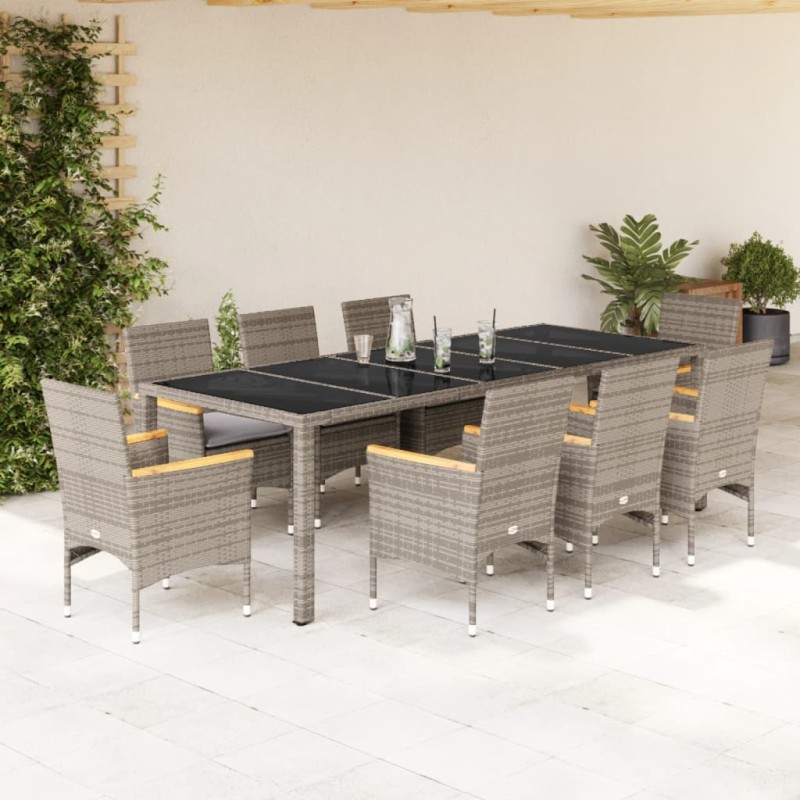 vidaXL 9-tlg. Garten-Essgruppe mit Kissen Grau Poly Rattan und Glas vidaXL 9-tlg. Garten-Essgruppe mit Kissen Grau Poly Rattan und Glas