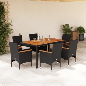 vidaXL 7-tlg. Garten-Essgruppe mit Kissen Schwarz Poly Rattan Akazie