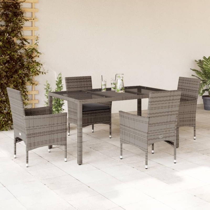 vidaXL 5-tlg. Garten-Essgruppe mit Kissen Grau Poly Rattan und Glas vidaXL 5-tlg. Garten-Essgruppe mit Kissen Grau Poly Rattan und Glas